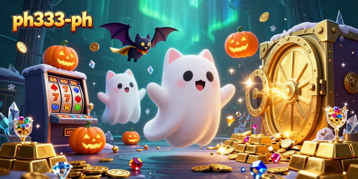 Join the ph333-ph casino adventure with a cartoon ghost cat, bat, and glowing poker jack-o-lanterns.