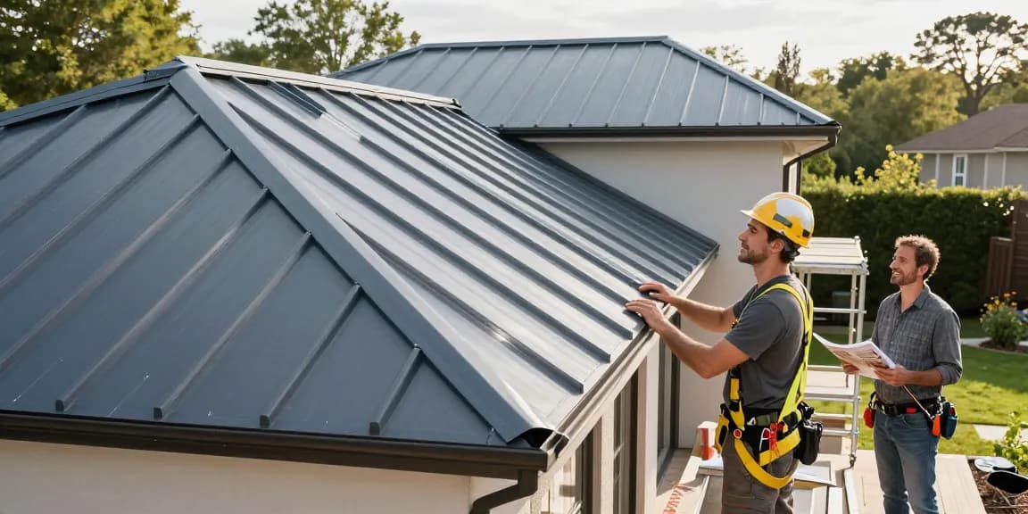 Contractor inspecting modern steel roofing systems installation on stylish home.