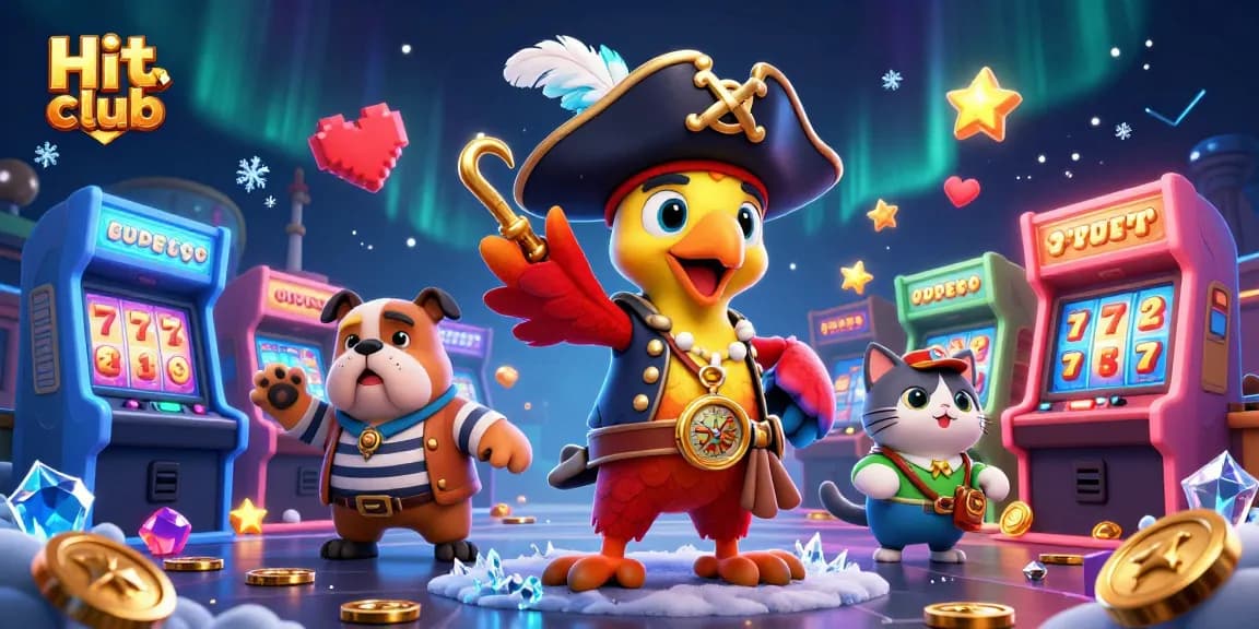 Engage in thrilling casino action with Hit club as cartoon characters enjoy vibrant slot games and arcade excitement!
