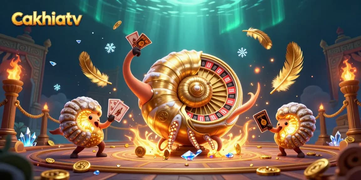 Cakhiatv showcases an exciting gambling scene with a giant nautilus roulette wheel, vibrant colors, and gold coins.