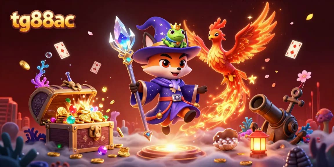 Play and win with tg88ac in this vibrant 3D casino-themed illustration featuring treasures and gaming elements.