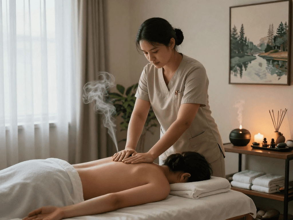 도봉구출장안마 session with a therapist providing a soothing massage in a serene setting, featuring calming ambiance and essential oils.