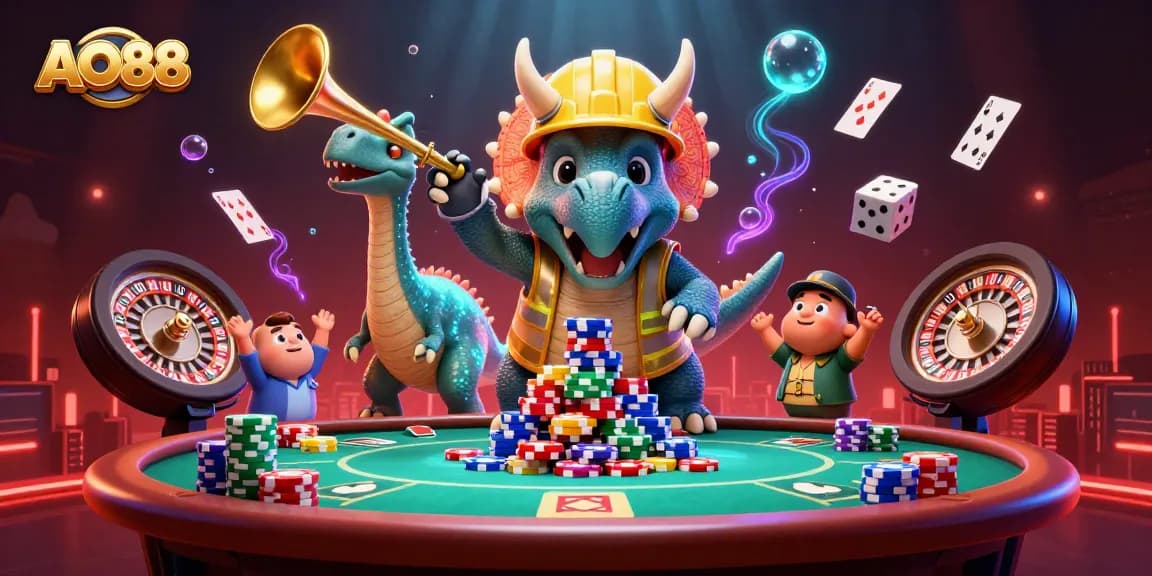Engage with exciting gambling activities with AO88's vibrant character scene celebrating poker and casino wins.