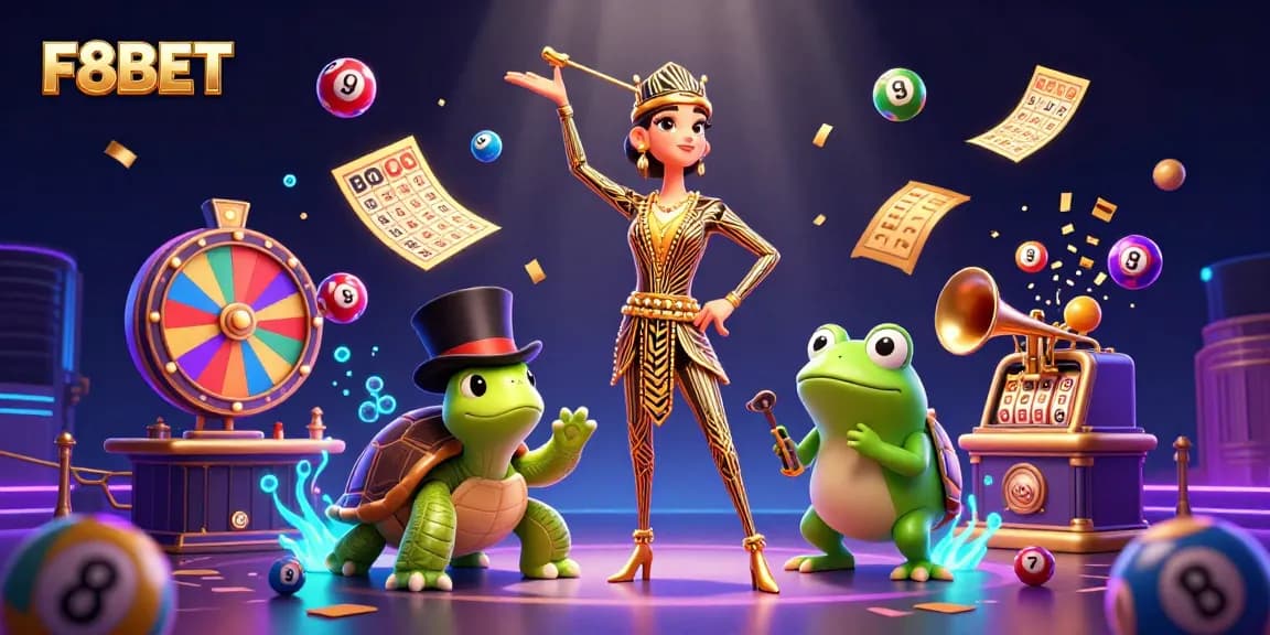 Experience F8BET's vibrant lottery action amid a lively casino scene with dynamic elements.