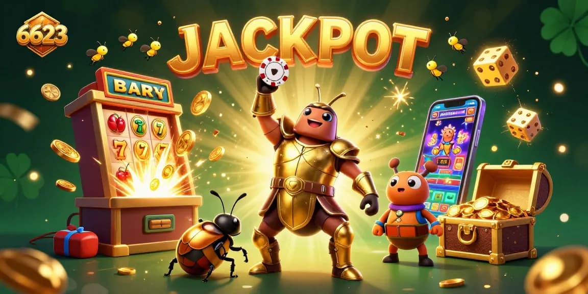 Experience excitement at 6623 as cartoon beetles celebrate a jackpot in a vibrant casino scene.
