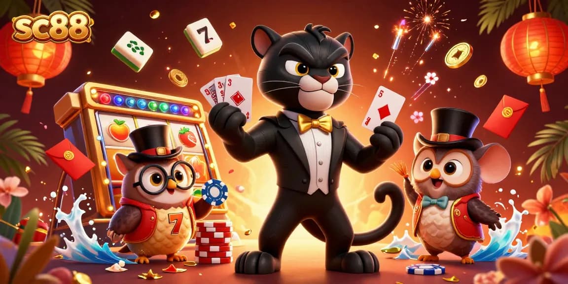 Engage with sc88's thrilling casino experience through a vibrant 3D scene with characters and game elements.