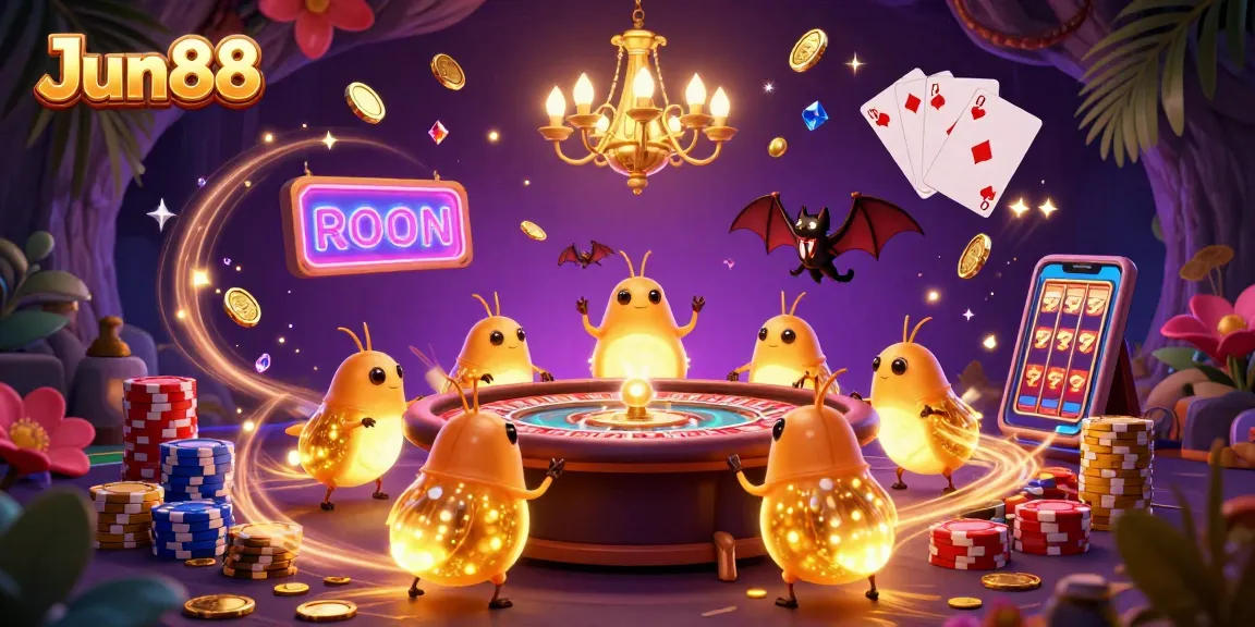 Experience exhilarating casino fun with Jun88 as glowing glowworms illuminate a vibrant cave setting with treasures and gaming elements.