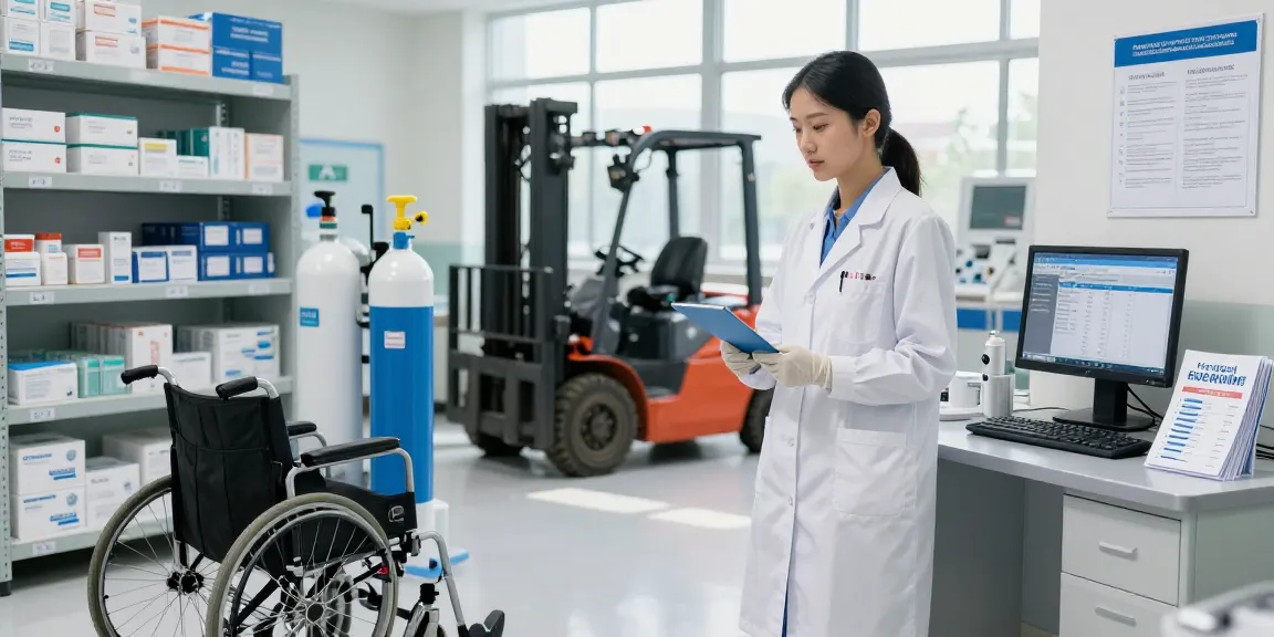 Medical equipment suppliers inspecting various supplies in a healthcare warehouse.