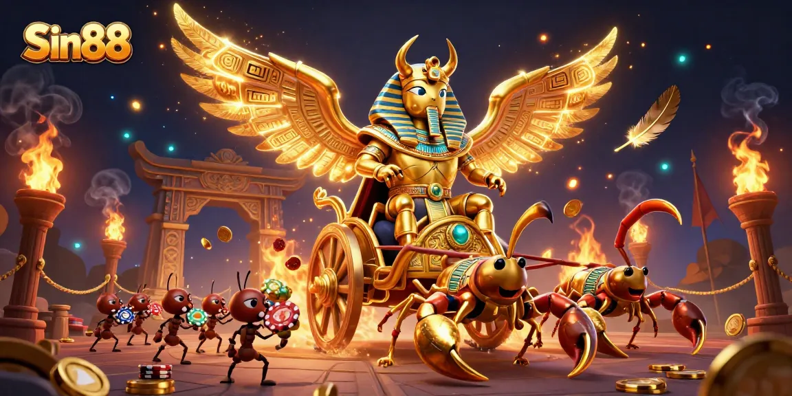 Play exciting games at Sin88 with a golden scarab beetle and scorpions showcasing vibrant gambling elements.