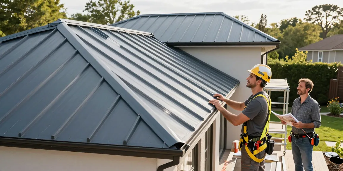 Contractor inspecting modern steel roofing systems installation on stylish home.
