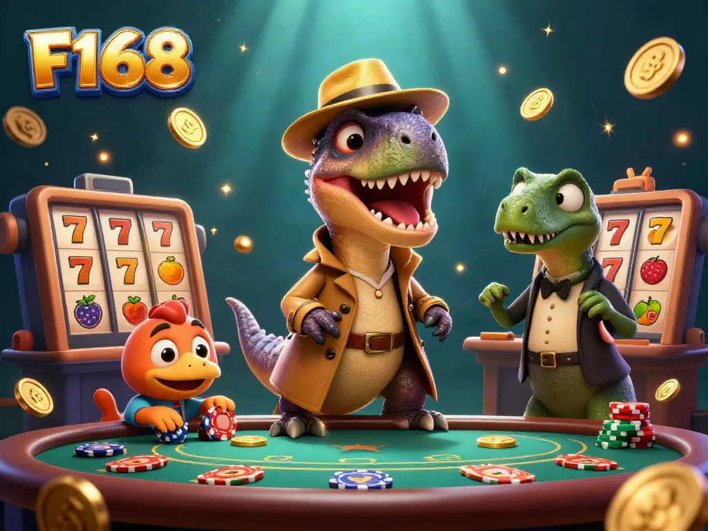 Experience thrilling gameplay at F168 with a velociraptor card counter at a blackjack table and casino elements.