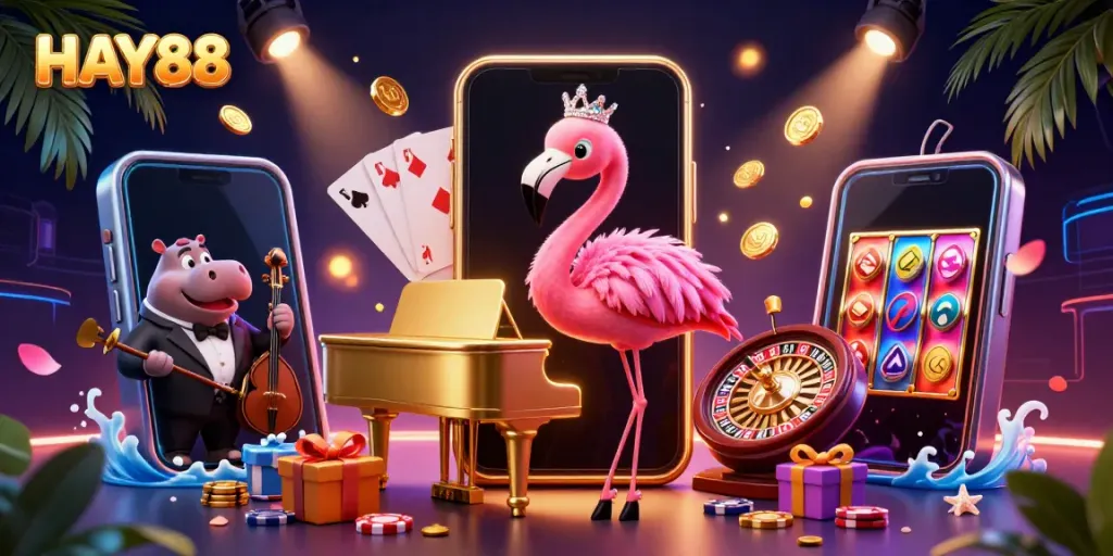 Experience HAY88's vibrant casino scene featuring a flamingo singer and hippo bassist, encapsulating dynamic gaming.