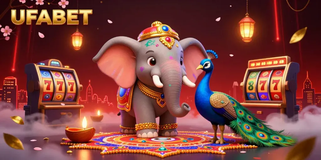Experience UFABET's vibrant gambling adventure with a digital 3D scene showcasing colorful characters and casino elements.