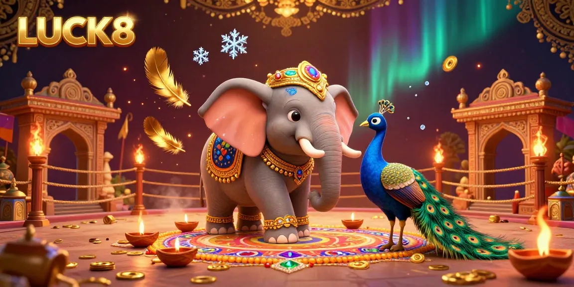 Experience the vibrancy of LUCK8’s casino with a colorful 3D elephant and peacock in a lively gambling scene.