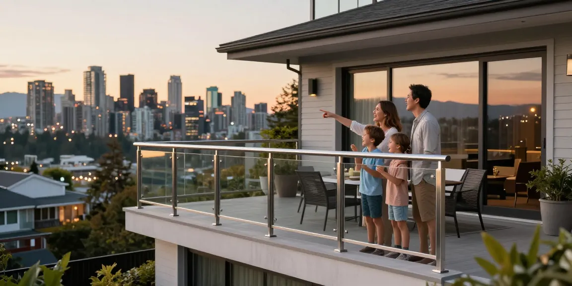 Custom railing on a modern home balcony in Vancouver with family enjoying the sunset.