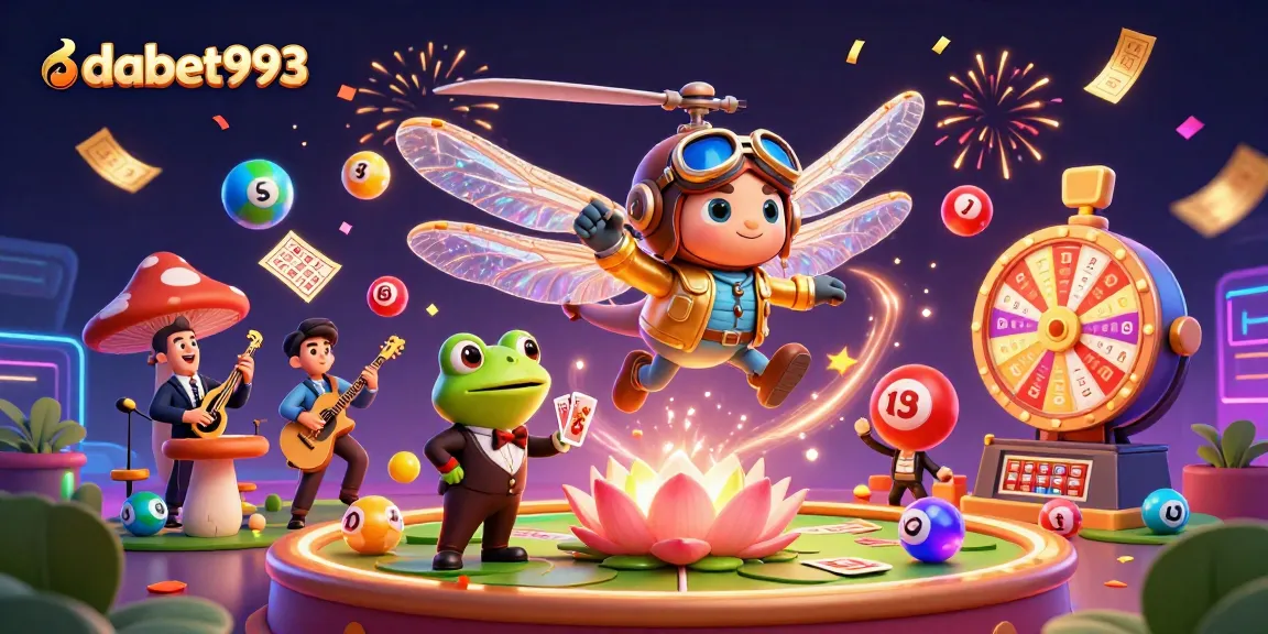 dabet993 entertains players with a vibrant casino scene featuring a dragonfly pilot and frog croupier.