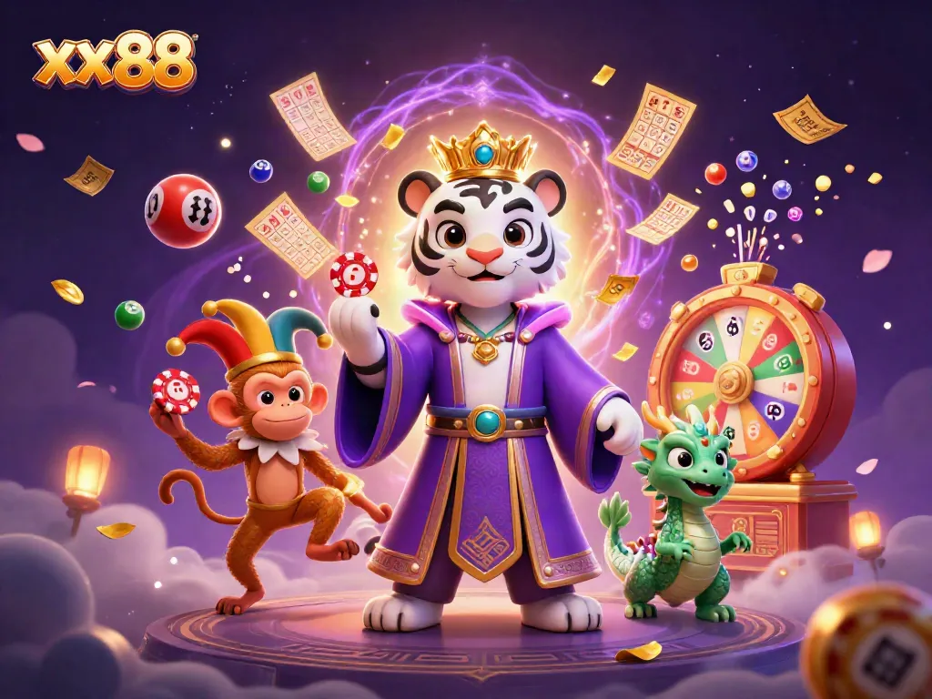 Experience excitement at xx88 with a lively tiger, jester monkey, and jade dragon amidst colorful lottery elements.