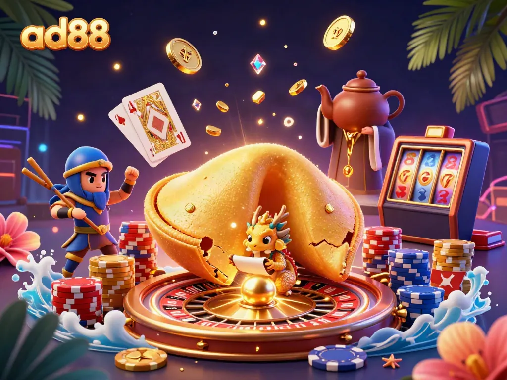 Experience the thrilling vibes of ad88 casino with golden fortune cookies and dragons in a vibrant 3D scene.