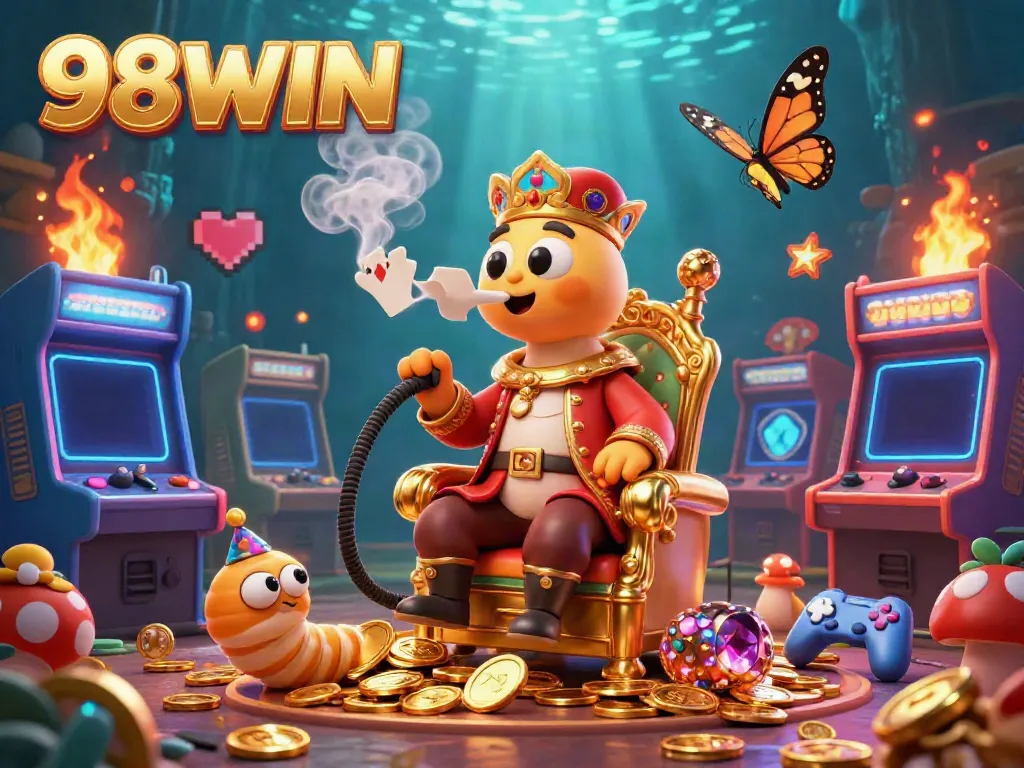Win big with 98WIN while enjoying 3D cartoon slot-themed illustrations filled with vibrant colors and game elements.