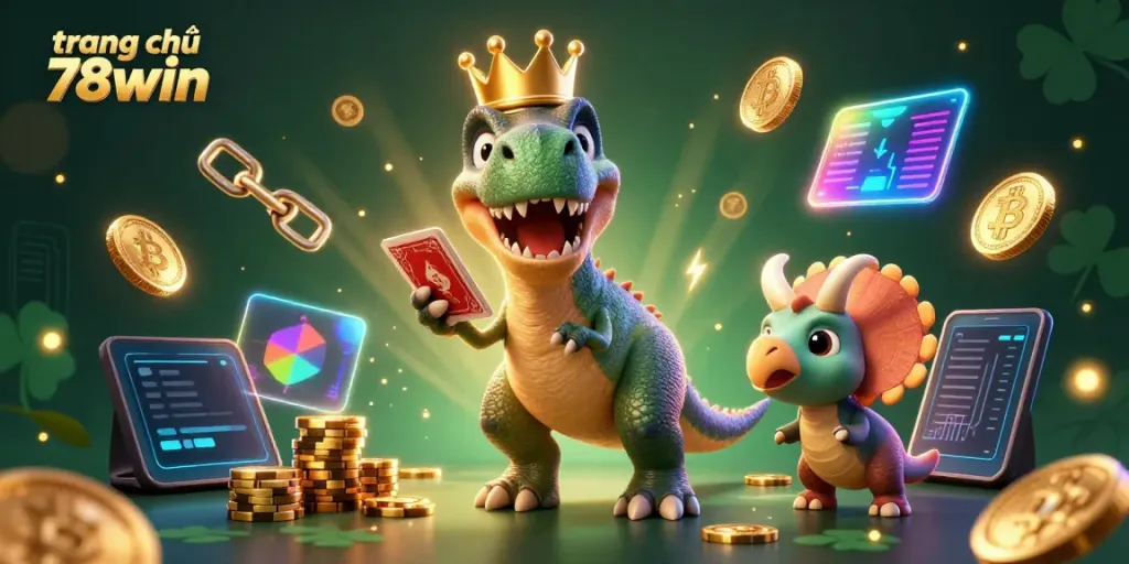 Experience the excitement of trang chủ 78win with a vibrant 3D scene featuring animated dinosaurs engaged in a card game.