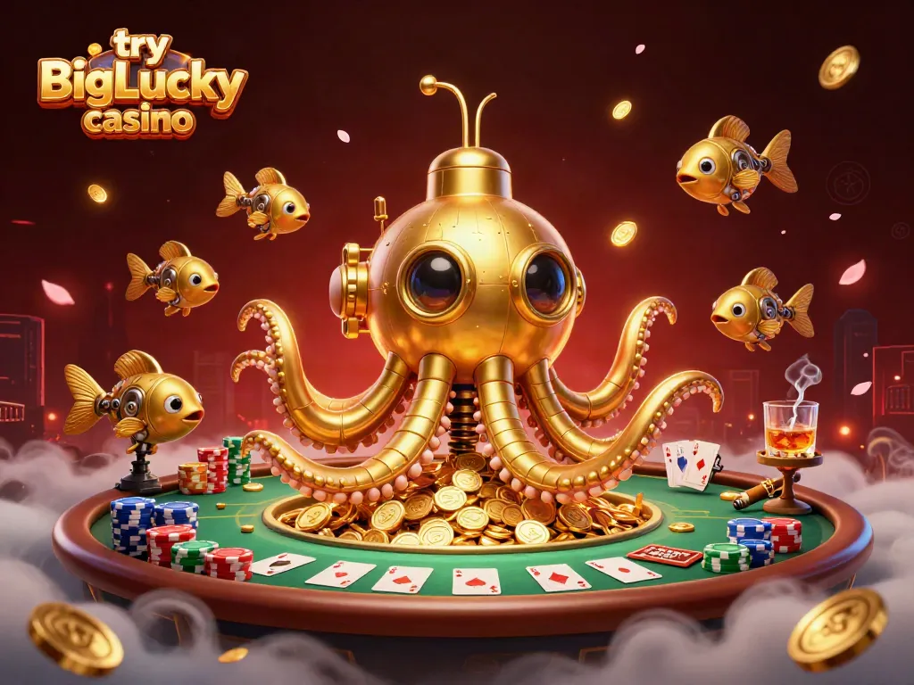 Try BigLucky casino's vibrant game universe with golden kraken among poker elements, rich visual depth.