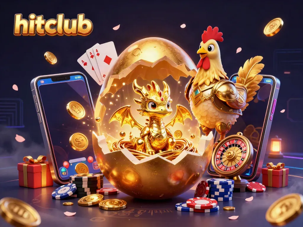 Hitclub players enjoying a vibrant 3D casino scene with a golden dragon and gaming elements.
