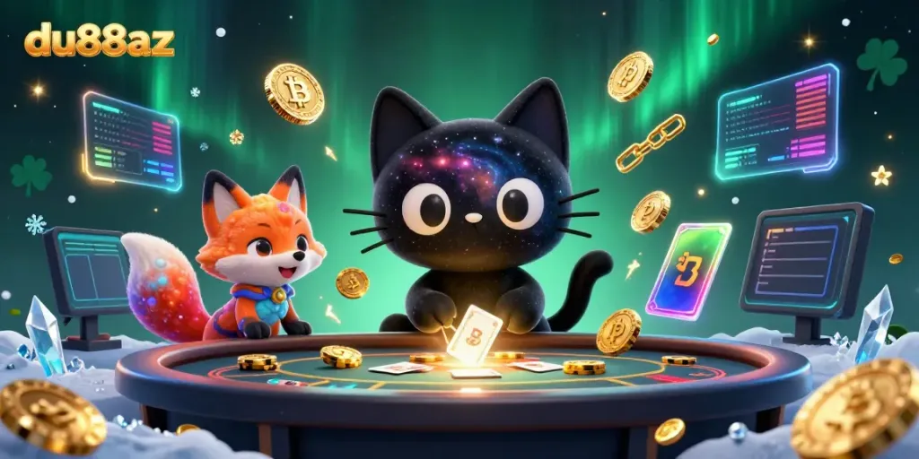 Engage with du88az at a cosmic casino, featuring a black hole cat and nebula fox amid swirling crypto elements.