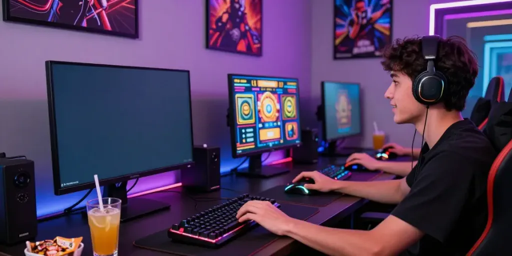 Exciting online gaming scene showcasing a player at https://choinohu.vip/ engaging with colorful slot games, modern gaming setup, and dynamic atmosphere.