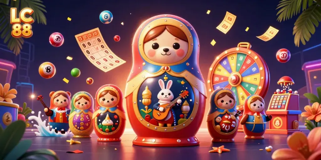 Engage with the vibrant world of LC 88 as colorful casino elements explode around playful bears and musical rabbits.