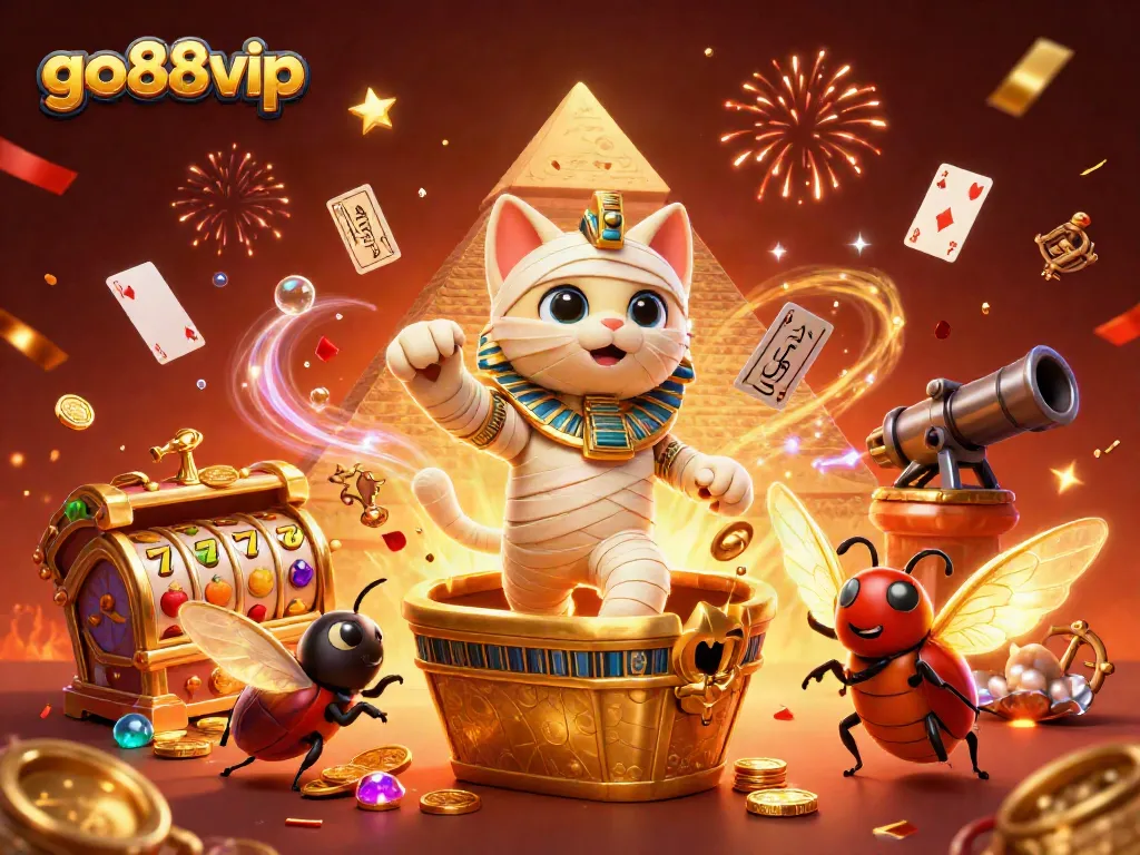 Experience the action at go88vip featuring a vibrant casino scene with an Egyptian mummy cat and gold treasures.
