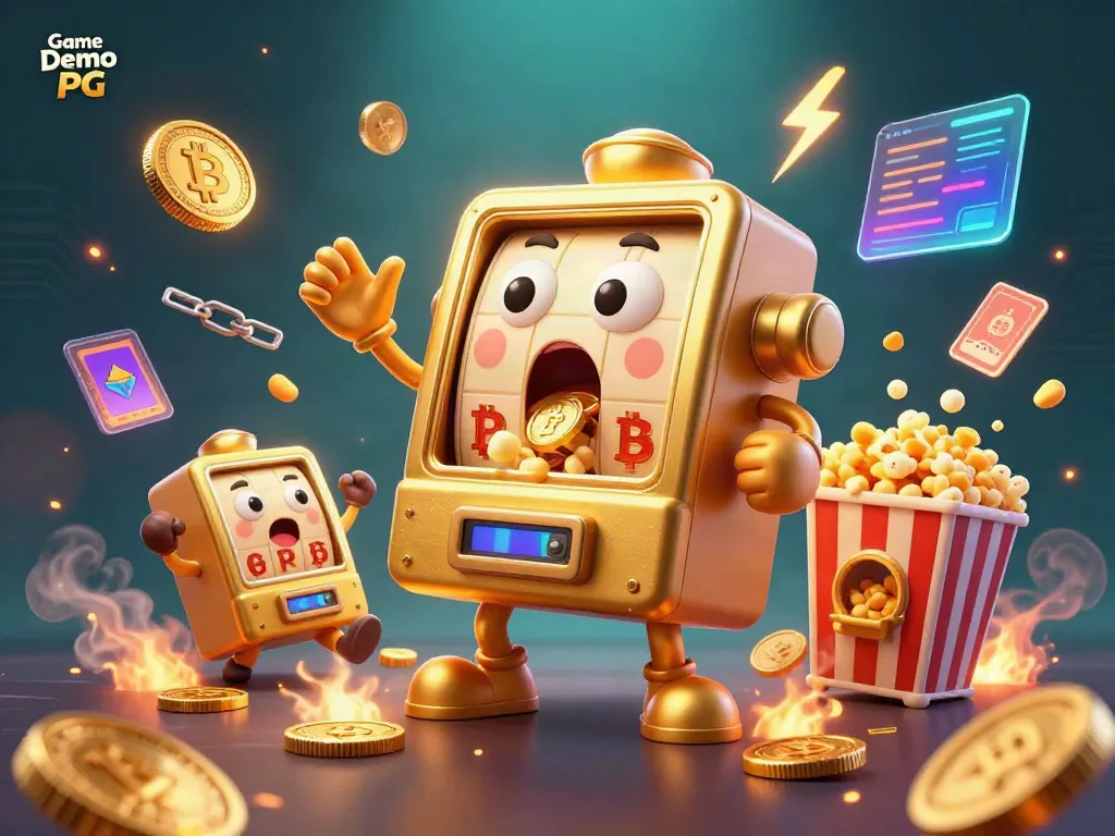 Engage with Game Demo PG as a cheerful golden slot machine hits a jackpot, coins pouring out and baby slots celebrating.