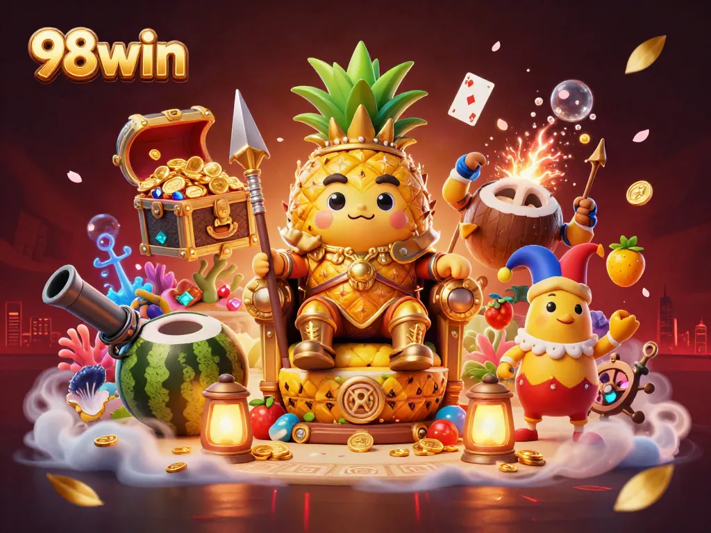 Experience the excitement of 98win as the golden pineapple king and friends celebrate in a vibrant beach casino scene.