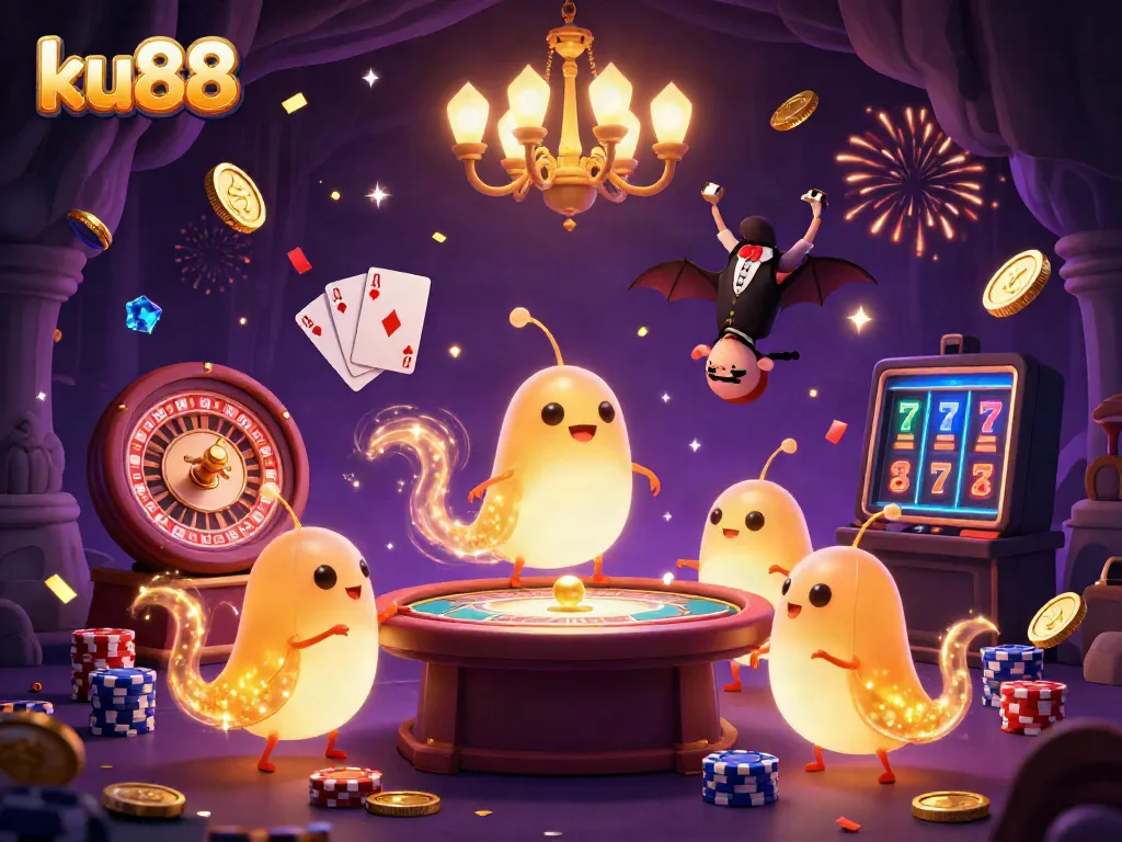 Experience the excitement of ku88 with glowing characters illuminating a vibrant casino scene filled with coins, games, and celebrations.
