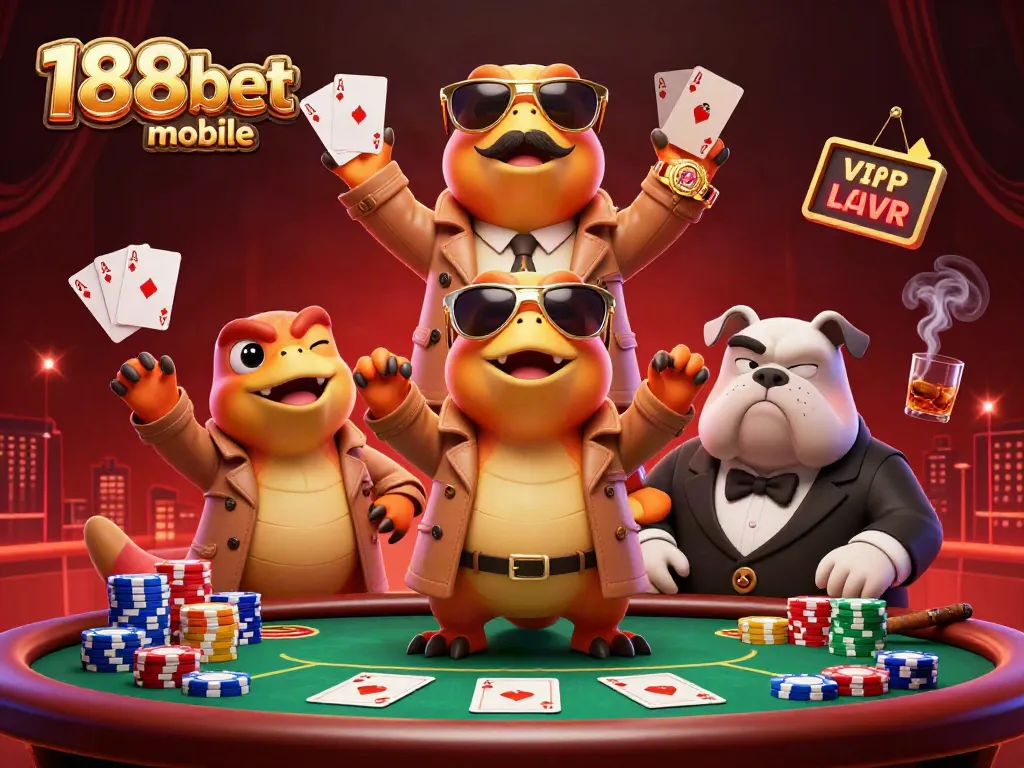 Experience thrilling betting scenes with 188bet mobile as three humorous raptors try to enter a VIP casino lounge.
