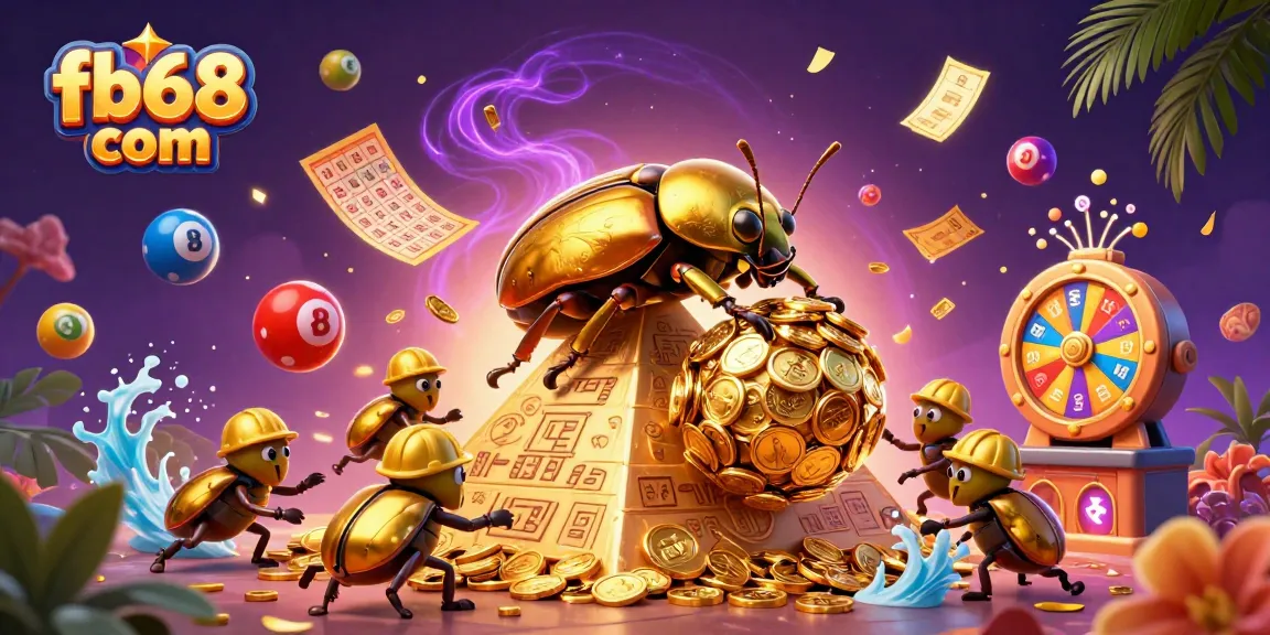 Engage with fb68 com while enjoying a lively lottery scene featuring golden beetles and colorful elements.
