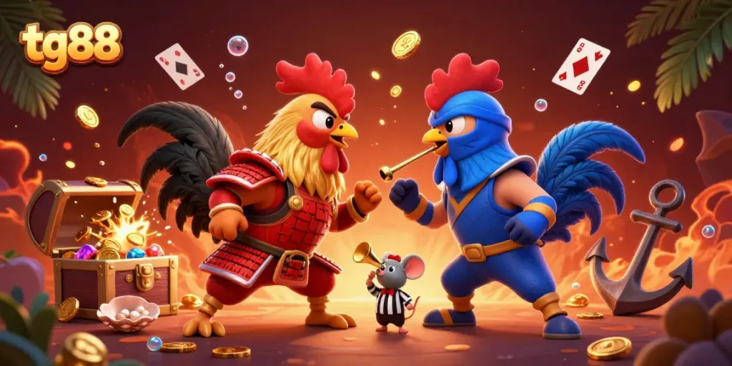 Engage with thrilling games at tg88: Roosters in an epic showdown amid treasure and gems.