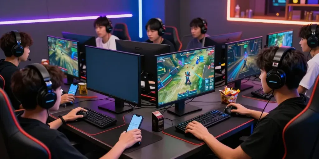 Engaging scene of gamers playing multiplayer online games, featuring monitors and accessories, highlighting vibrant action.