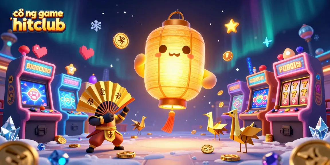 Engage with cổng game hitclub, showcasing a vibrant 3D casino scene filled with games and glowing elements.