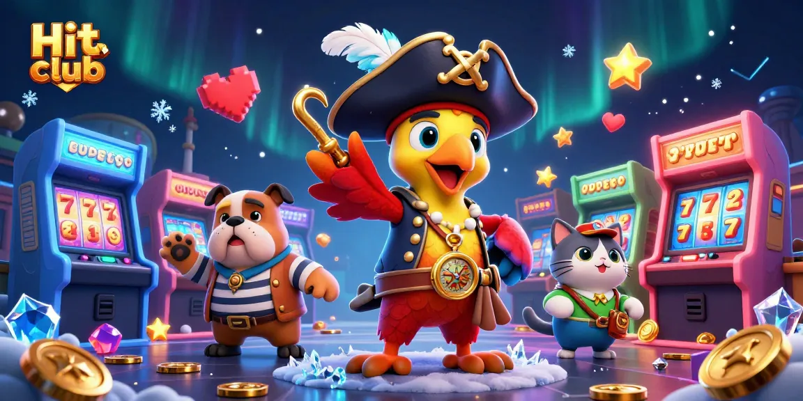 Engage in thrilling casino action with Hit club as cartoon characters enjoy vibrant slot games and arcade excitement!
