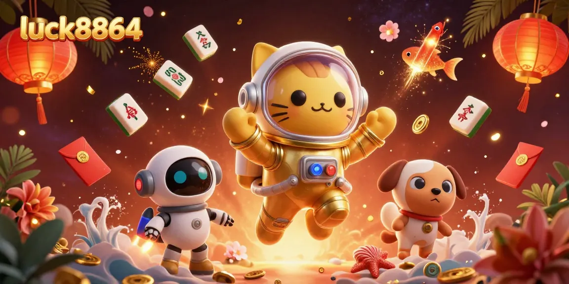 Experience the thrill of luck8864 with vibrant casino-themed fantasy featuring a cat astronaut and treasures.