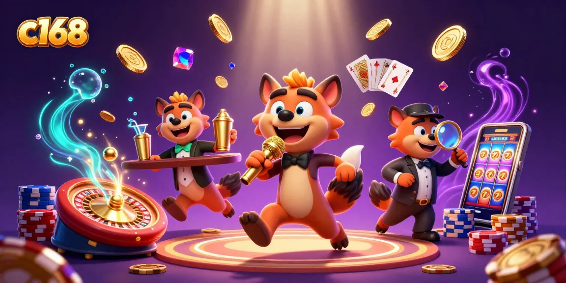 Hyenas in a vibrant comedy casino scene depict c168 action with golden coins and lively gameplay.