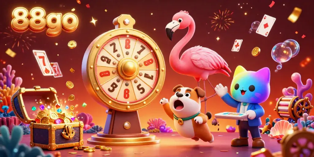 Experience the excitement of 88go with a vibrant 3D casino game scene featuring a flamingo game show host, bulldog contestant, and prize wheel.