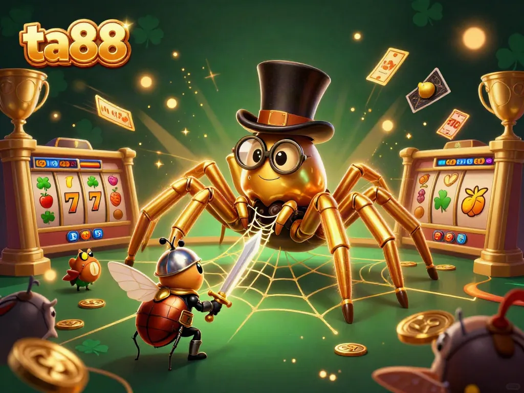 Experience thrilling gaming at ta88 with a vibrant 3D illustration of a golden tarantula, beetle knight, and slot elements.