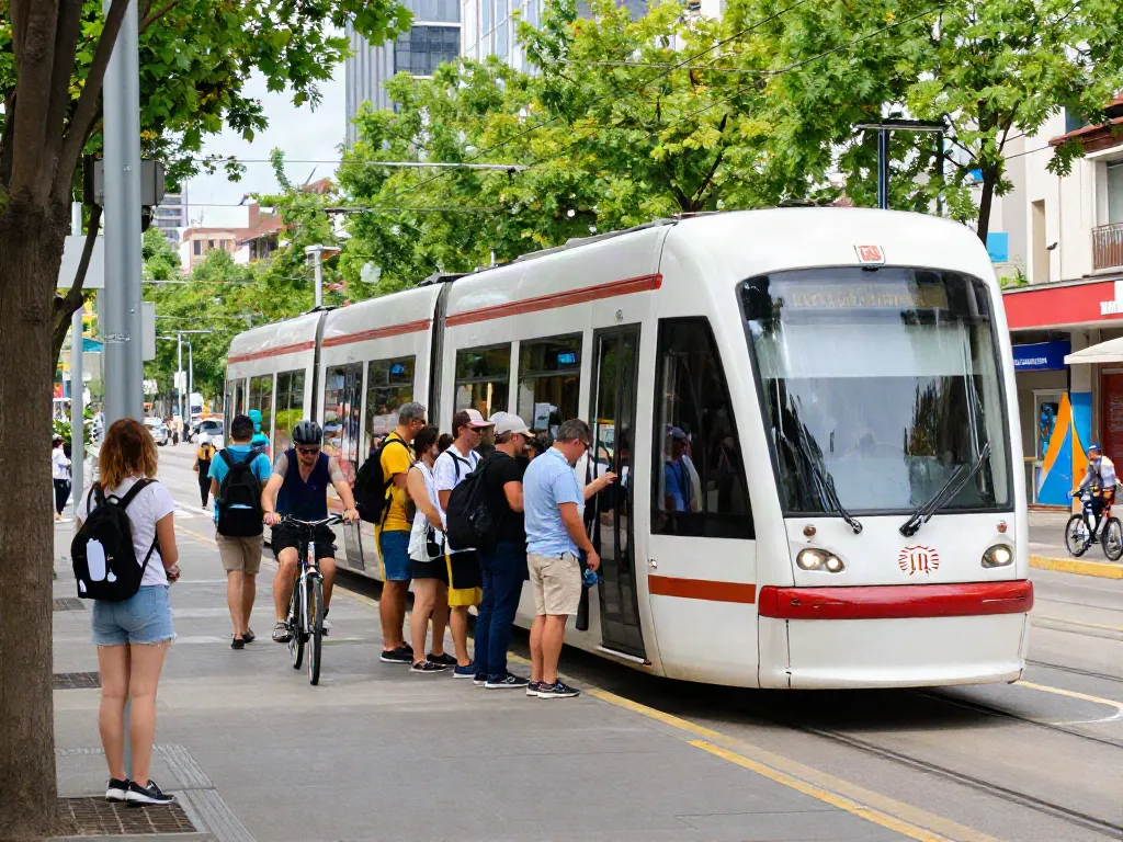 Streetcar scene showcasing diverse commuters at streek.ca with vibrant city life, trees, and art.