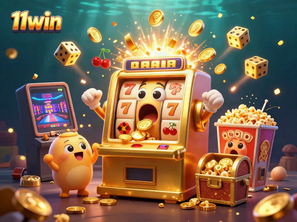 11win's golden slot machine hits a jackpot, coins cascading while colorful game elements surround it in a festive casino scene.