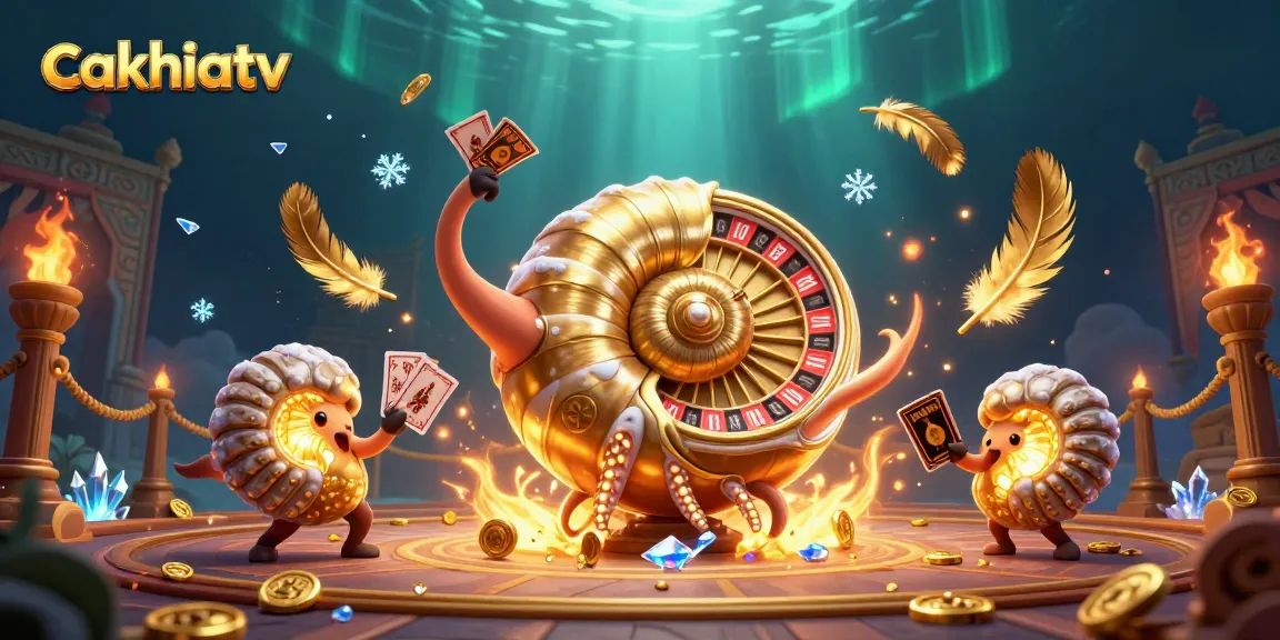 Cakhiatv showcases an exciting gambling scene with a giant nautilus roulette wheel, vibrant colors, and gold coins.
