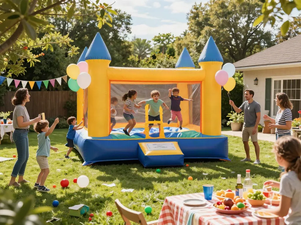 Children enjoying a bright bounce castle at a lively outdoor party.