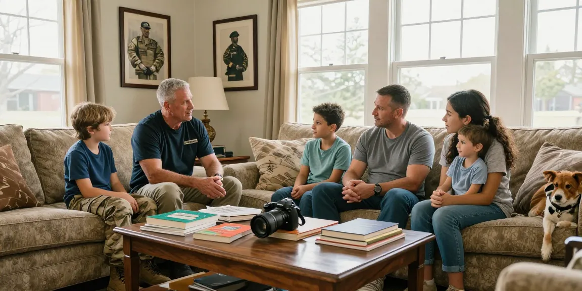 Veteran transition to civilian life, family engaging in supportive conversation in a cozy living room.