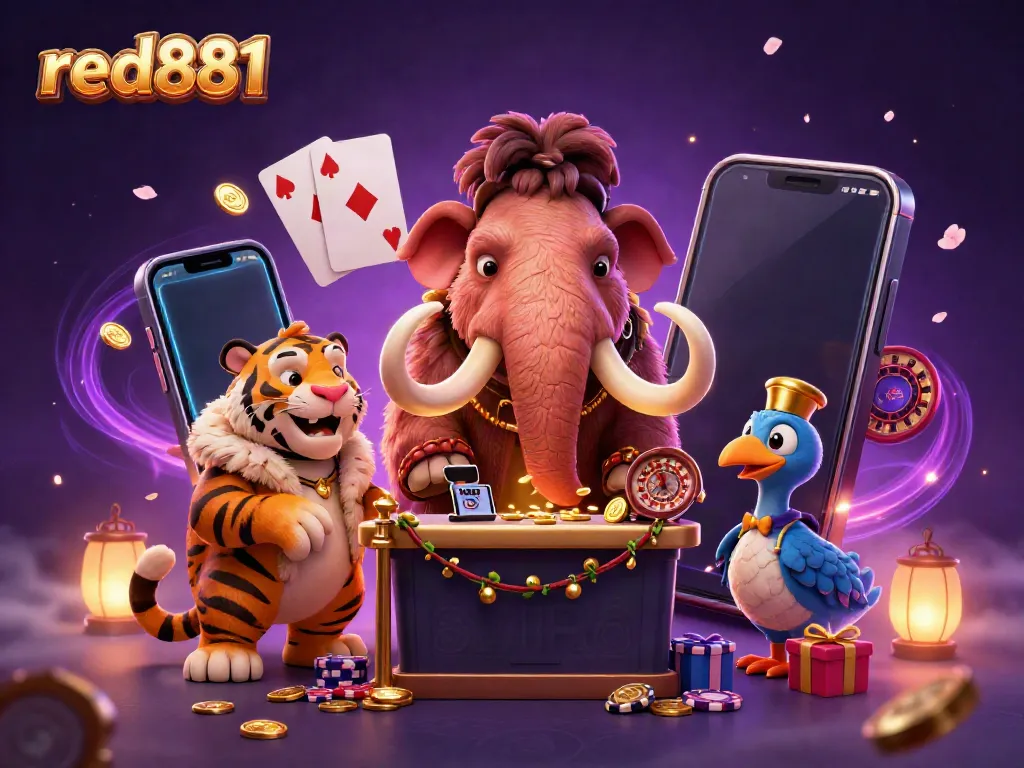 Experience excitement at red881 with a vibrant 3D casino scene featuring unique characters and exciting game elements.