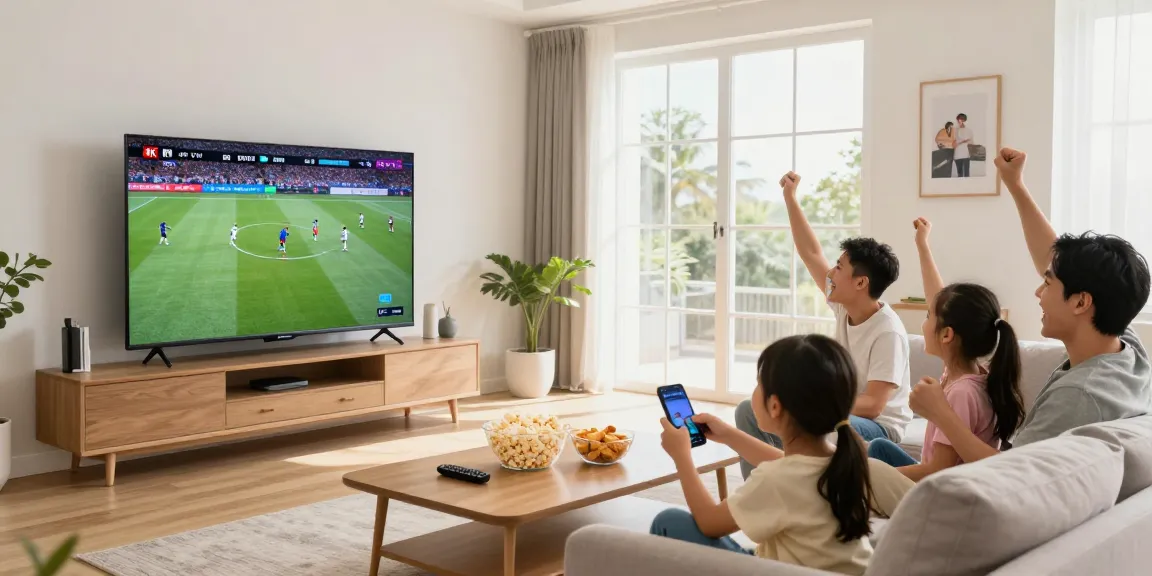 Family enjoying IPTV streaming in 4K, vibrant sports experience in modern living room.